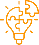 Ibelieve illustration 14 Une ampoule orange stylisée en puzzle, symbolisant créativité et innovation. Le fond est blanc, accentuant le motif lumineux et l'idée de connecter des pièces.